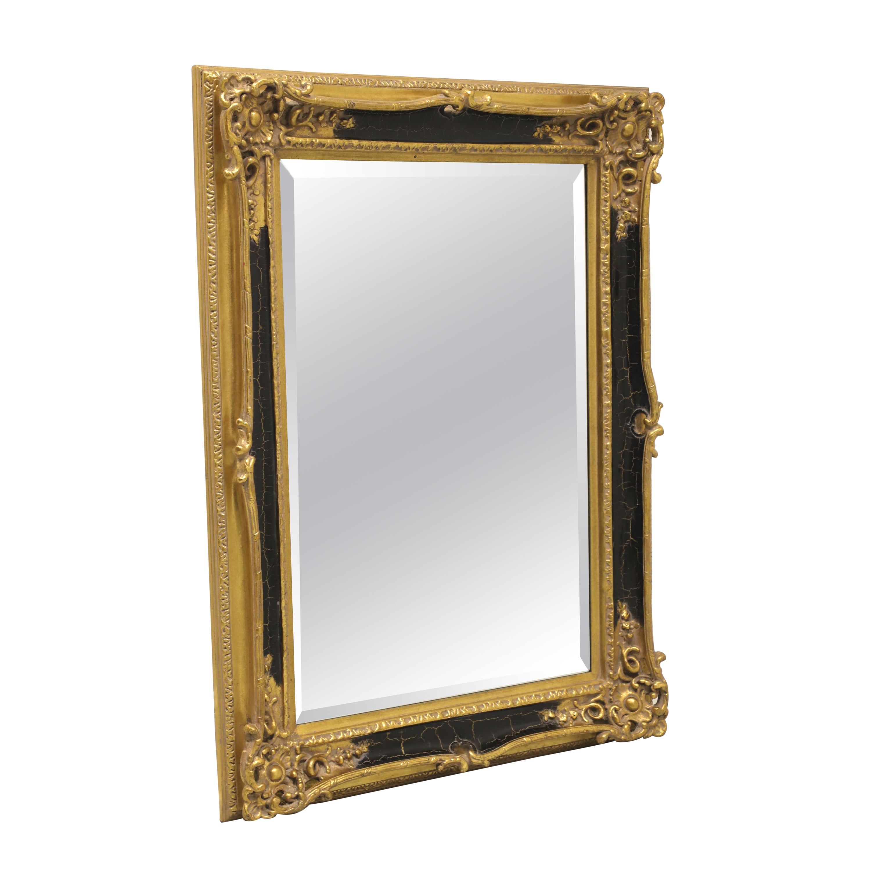 Large Traditional Style Gold & Black Crackle Beveled Wall Mirror For Sale