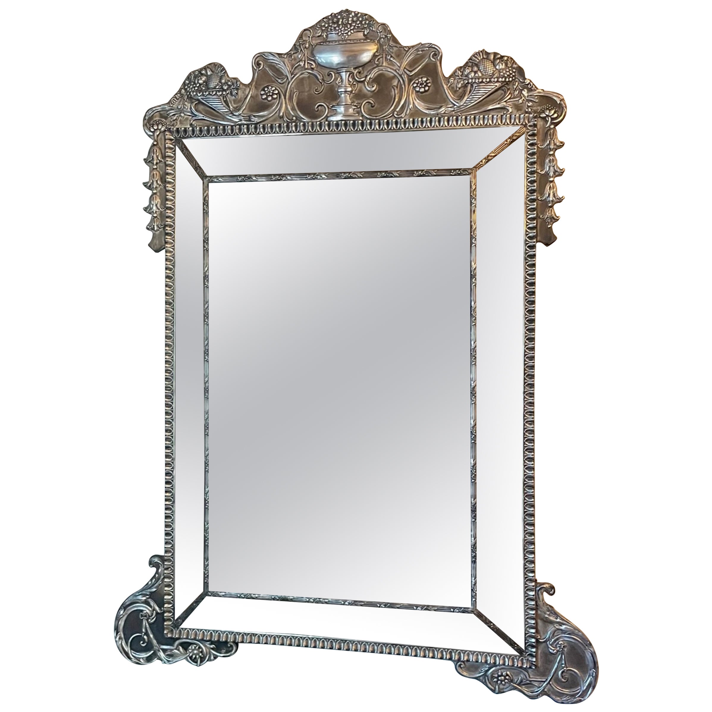 Palatial English Sterling Silver Cushion Frame Vanity Dressing Mirror
