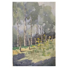 Peinture à l'aquarelle impressionniste anglaise « Spring Field » des années 1900
