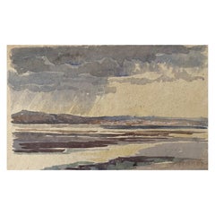 Aquarelle impressionniste anglaise des années 1900 - Tempête à la plage