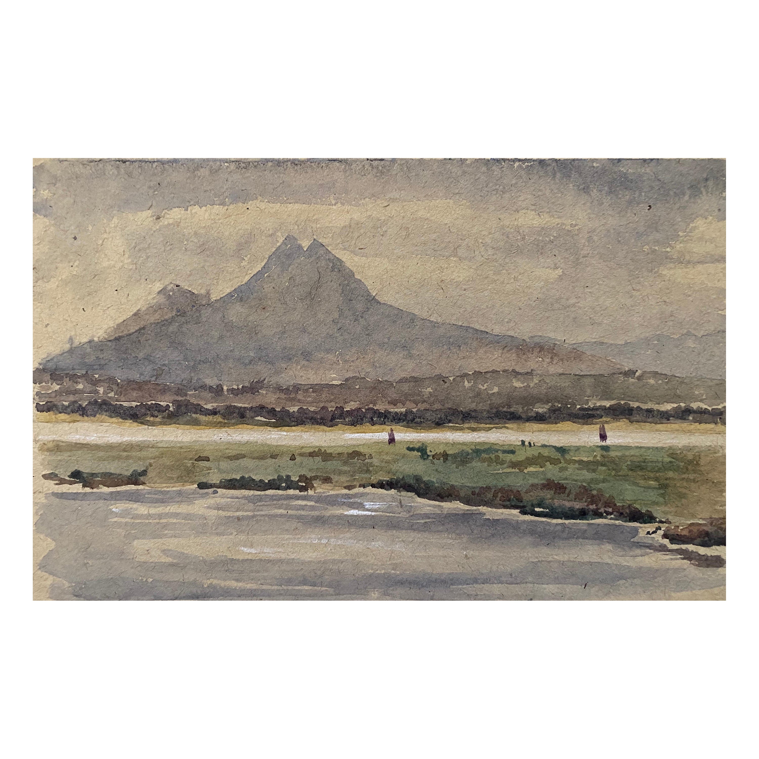 1900's English Impressionist Watercolor Painting Cliffs in the Distance For Sale