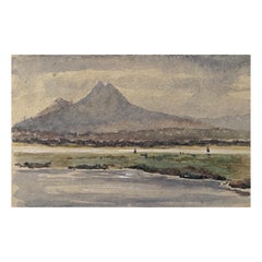 Antique 1900's English Impressionist Watercolor Painting Cliffs in the Distance