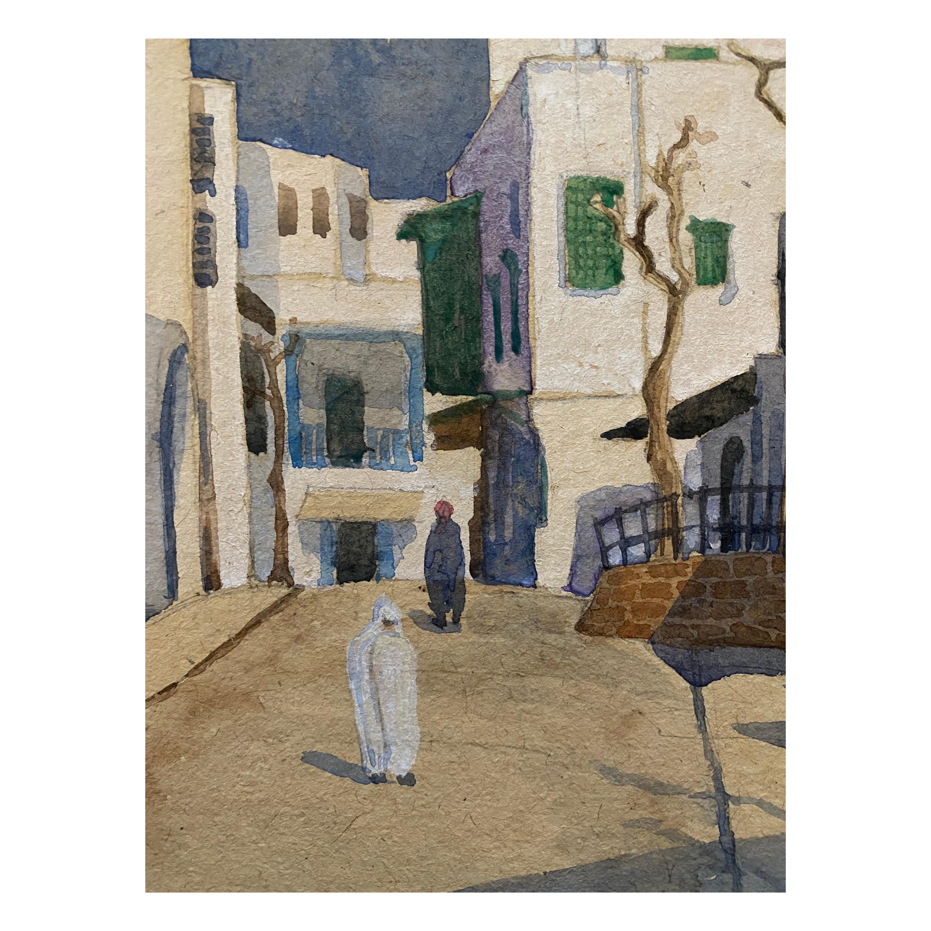 1900's English Impressionist Watercolor Painting Figures Middle Eastern Town For Sale