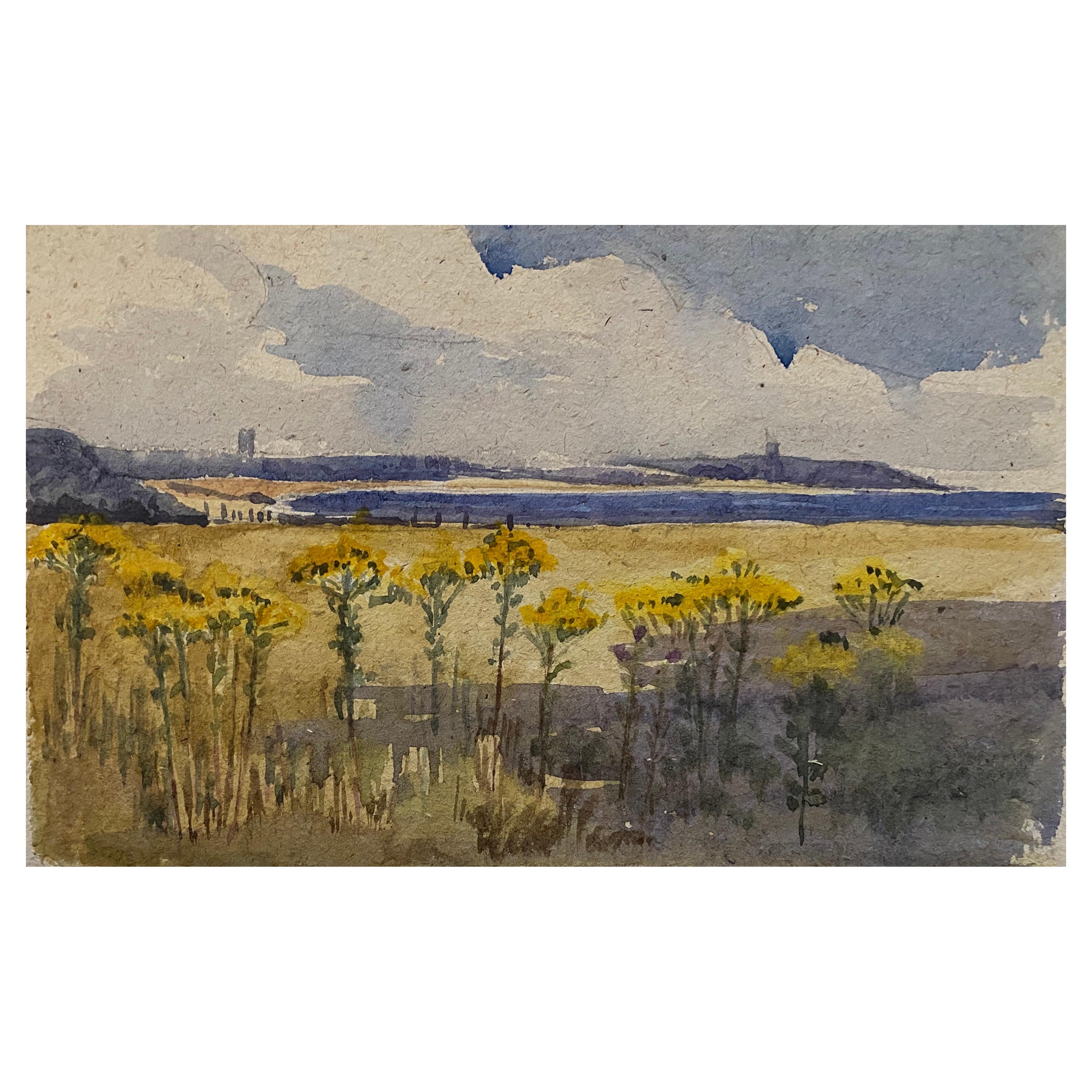 1900's English Impressionist Watercolor Painting Stunning Sunflowers Beach