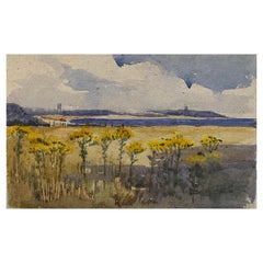 English Impressionist del 1900, acquerello con splendidi girasoli sulla spiaggia