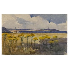 Antique 1900's English Impressionist Watercolor Painting Stunning Sunflowers Beach