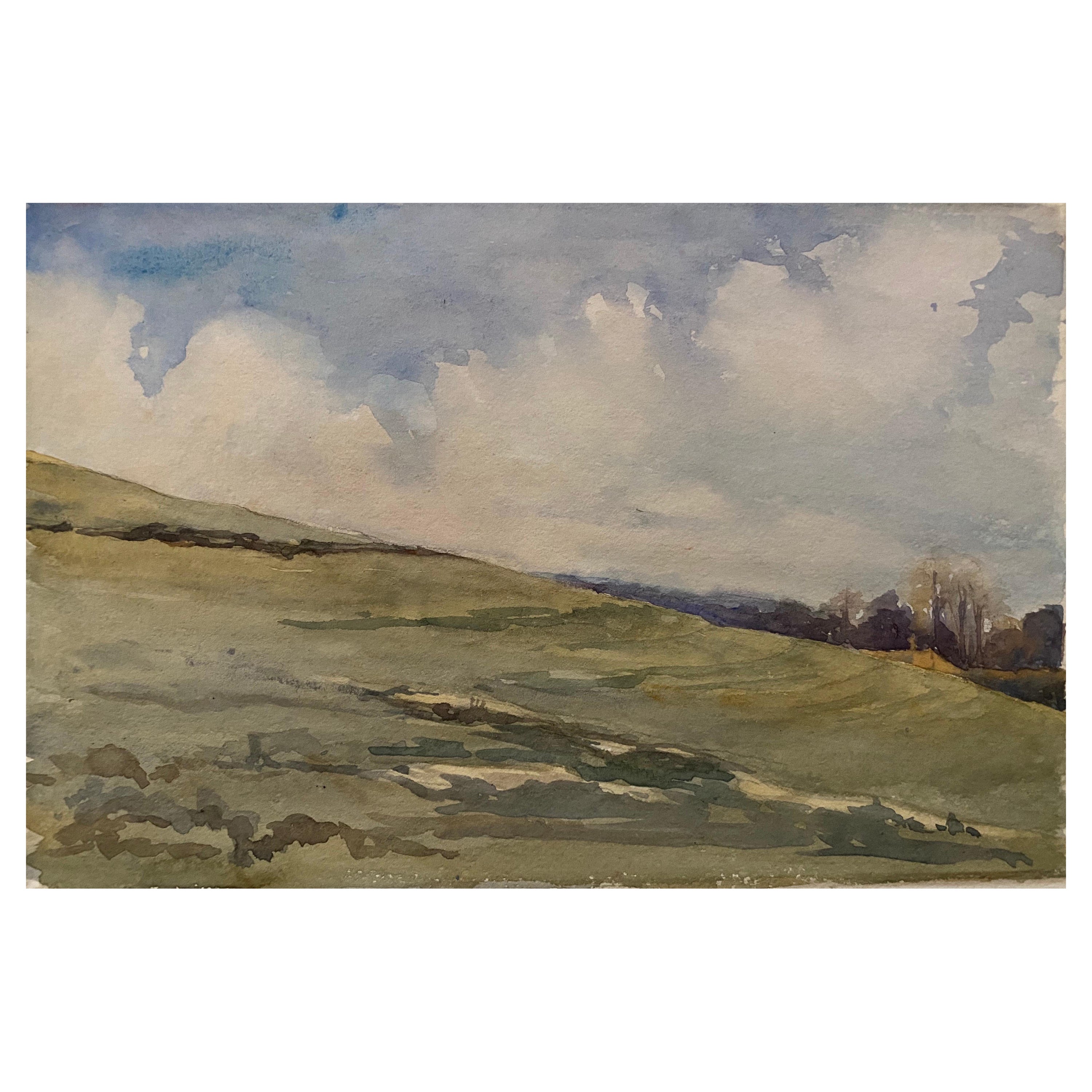 1900's English Impressionist Watercolor Painting Silent Cloudy Meadow For Sale