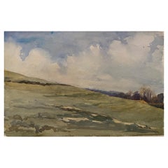 Antique 1900's English Impressionist Watercolor Painting Silent Cloudy Meadow
