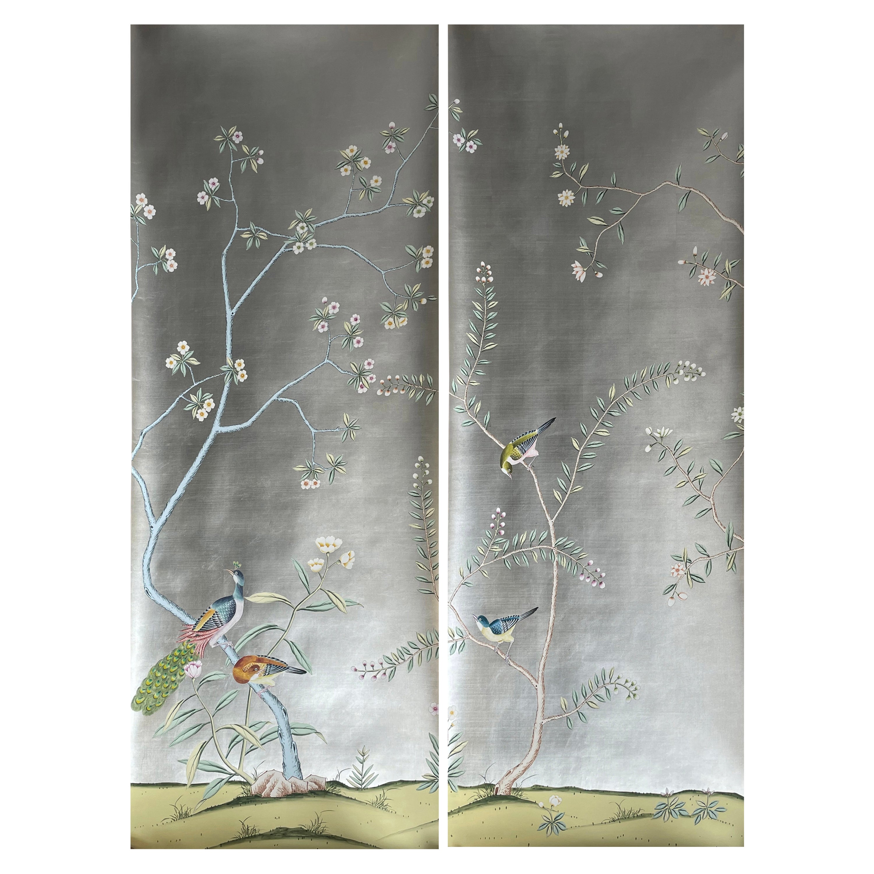Chinoiserie Panel Hand Painted Wallpaper on Silver Metallic - Accept Custom Size