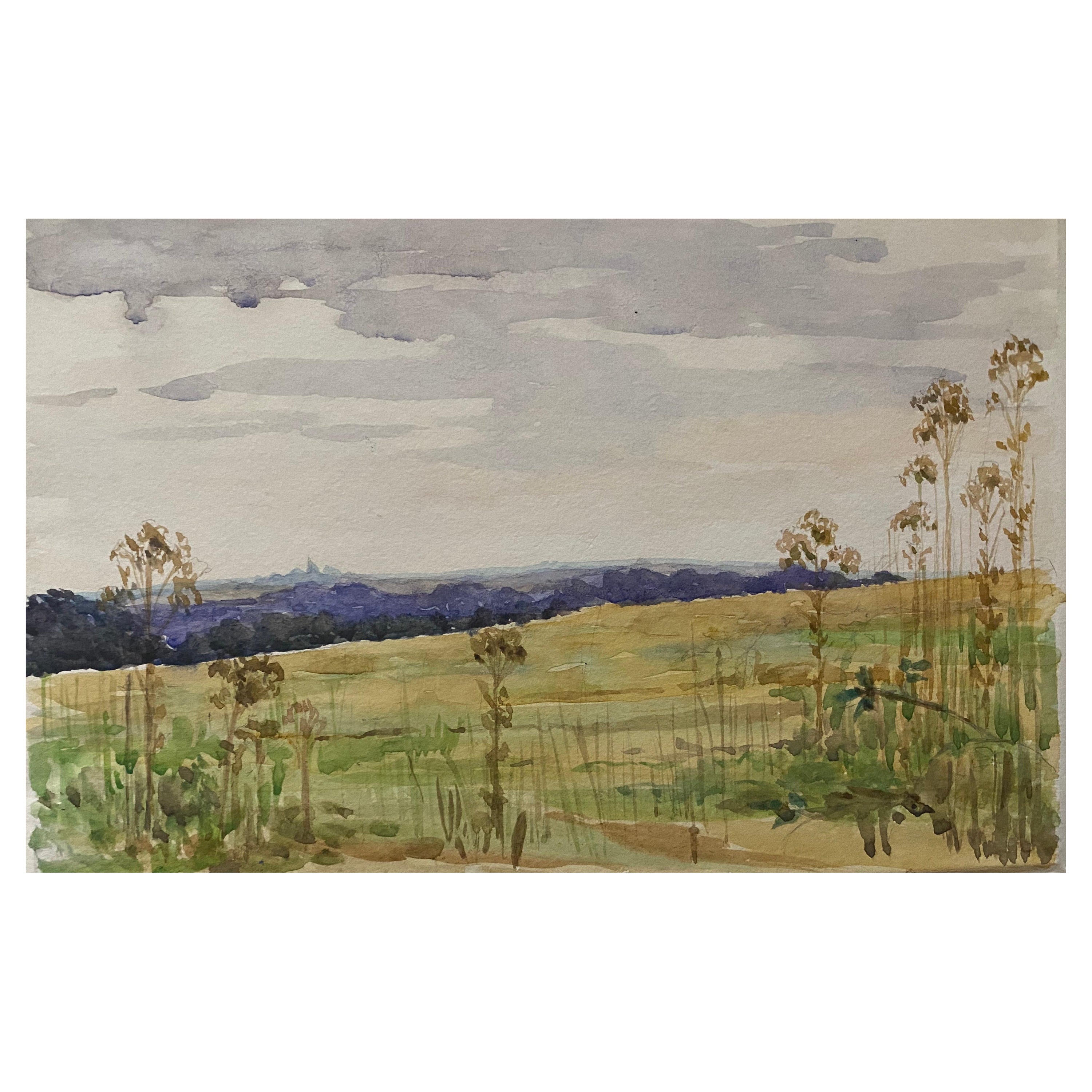 1900's English Impressionist Watercolor Painting Quiet Open Crop Fields For Sale