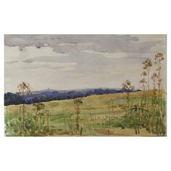 1900's English Impressionist Watercolor Painting Quiet Open Crop Fields