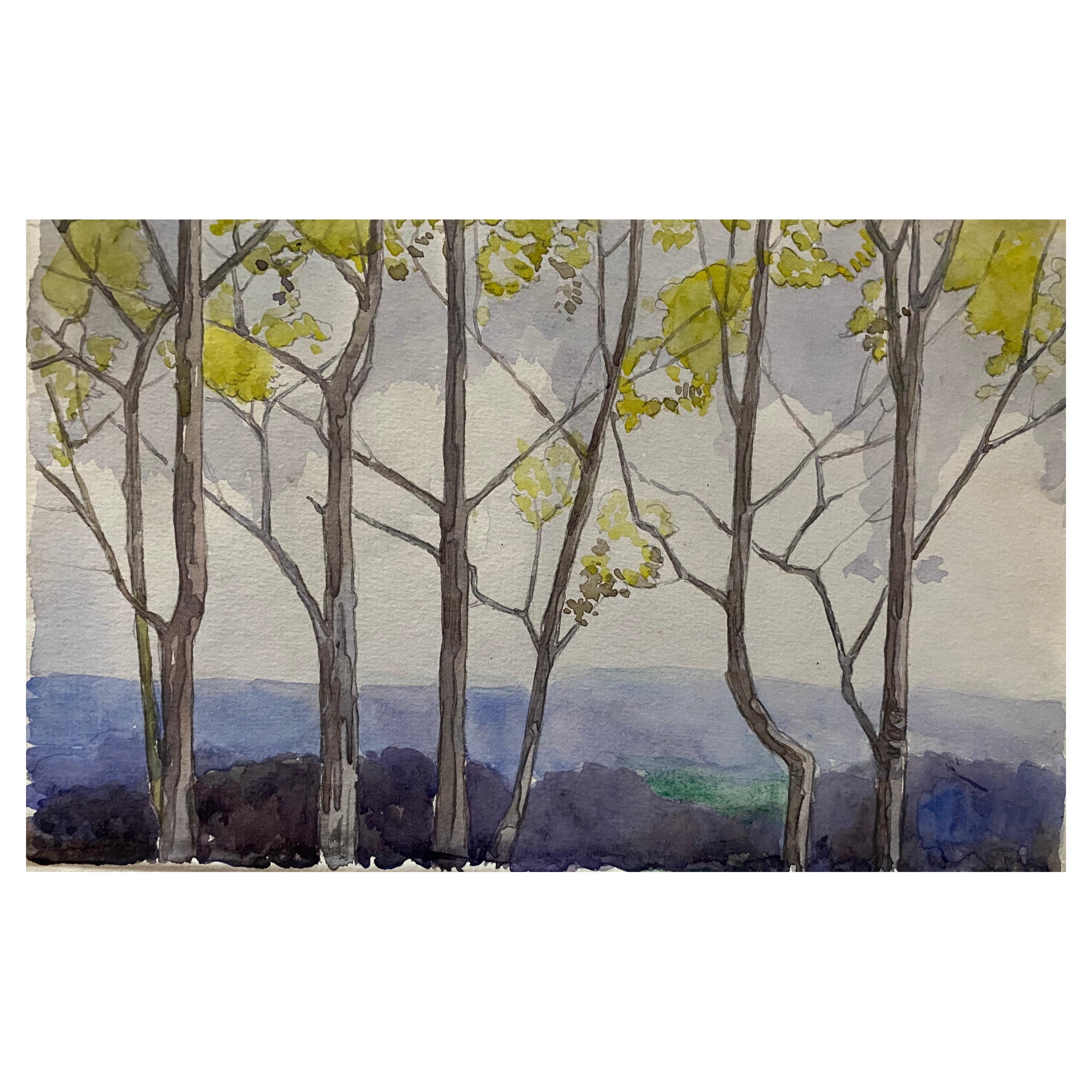 Peinture à l'aquarelle impressionniste anglaise des années 1900 représentant des arbres dansant au vent en vente
