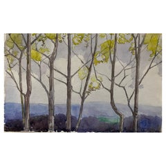 Peinture à l'aquarelle impressionniste anglaise des années 1900 représentant des arbres dansant au vent