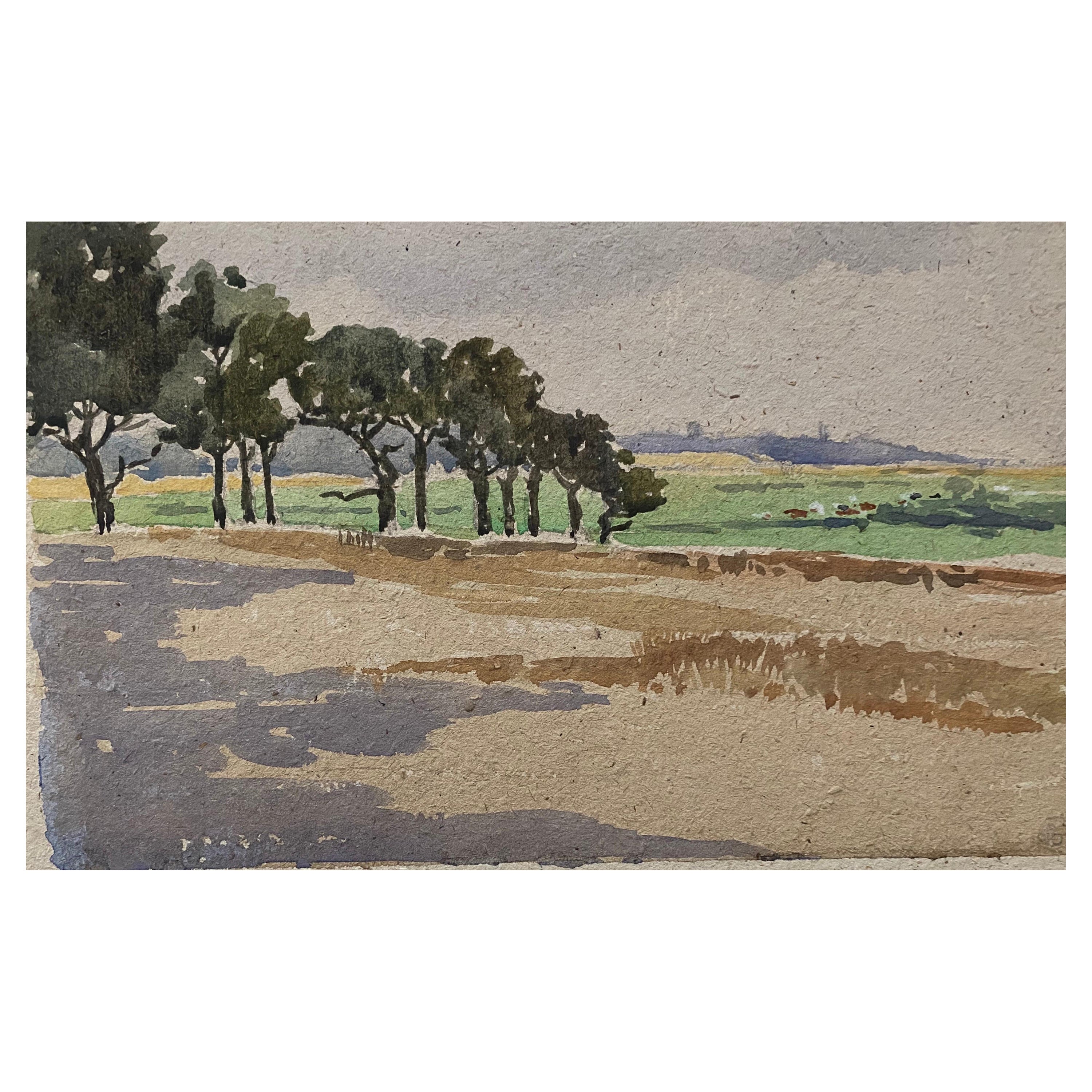 1900's English Impressionist Watercolor Painting Green View Field For Sale