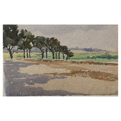 1900's English Impressionist Watercolor Painting Green View Field