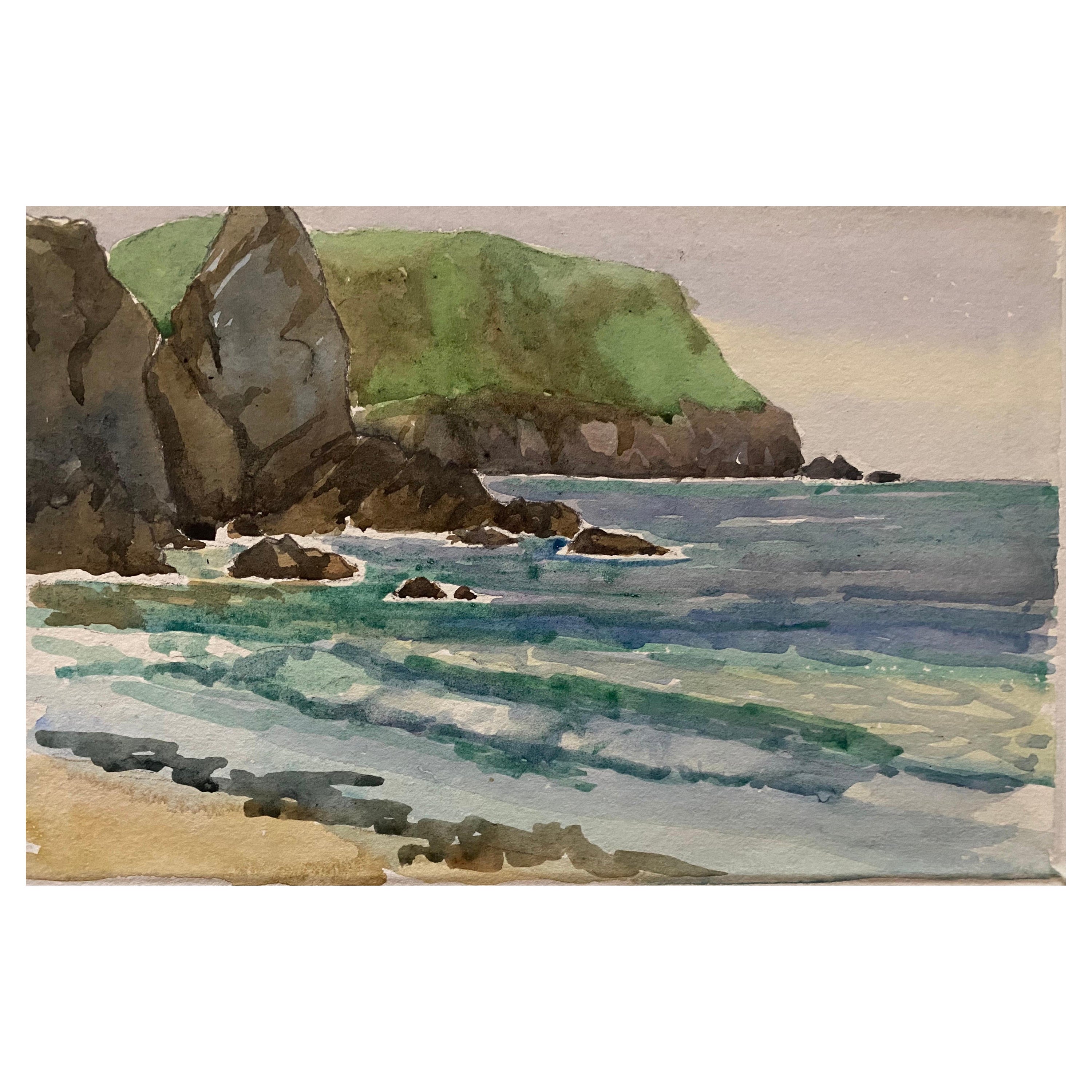 1900's English Impressionist Watercolor Painting Vibrant Sea Shore For Sale