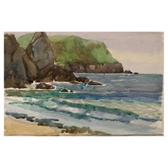 1900's English Impressionist Watercolor Painting Vibrant Sea Shore