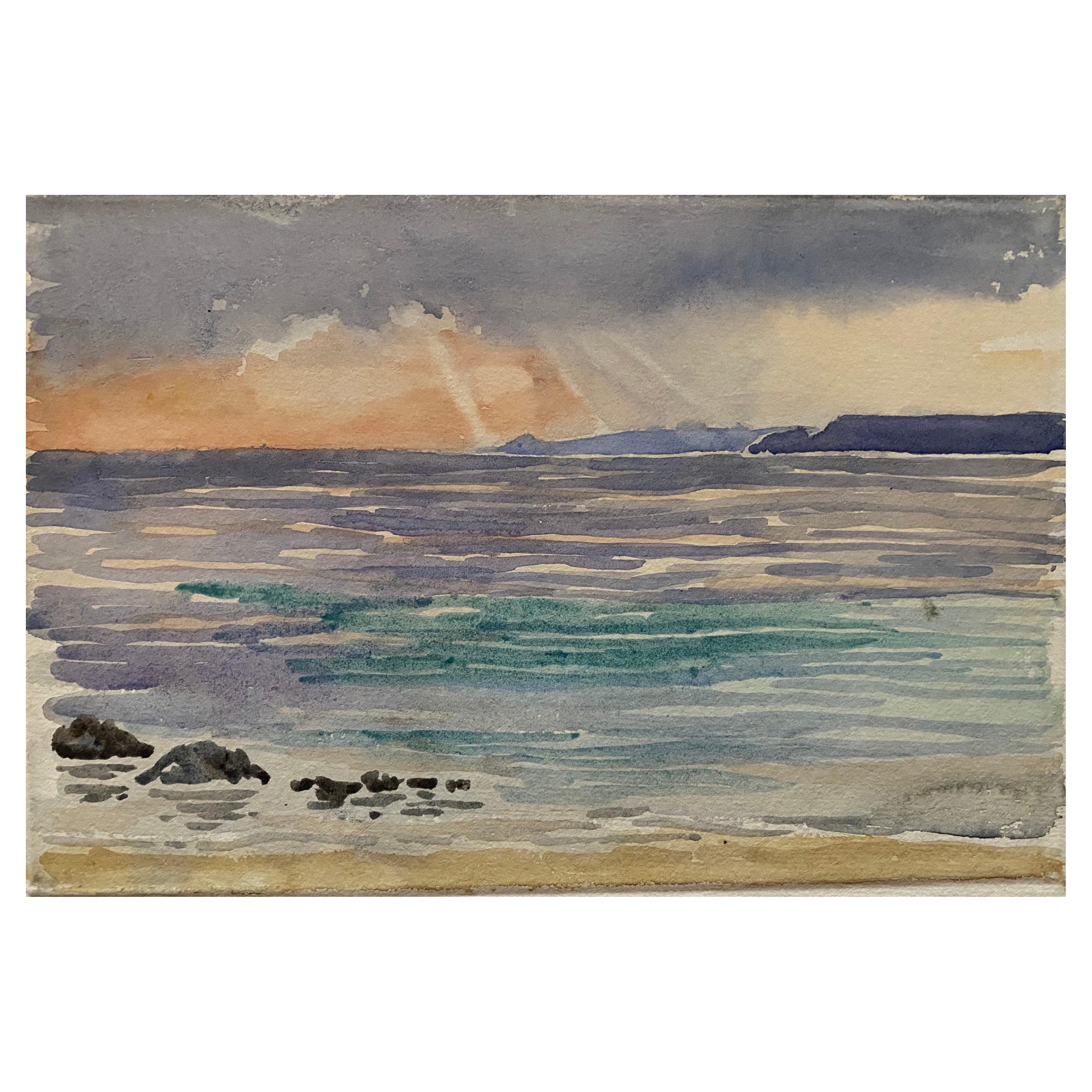 English Impressionist del 1900, acquerello che dipinge un bel tramonto su un mare azzurro