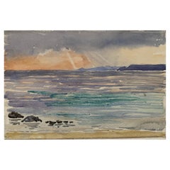 Antique 1900's English Impressionist Watercolor Painting Beautiful Sunset onto Blue Sea