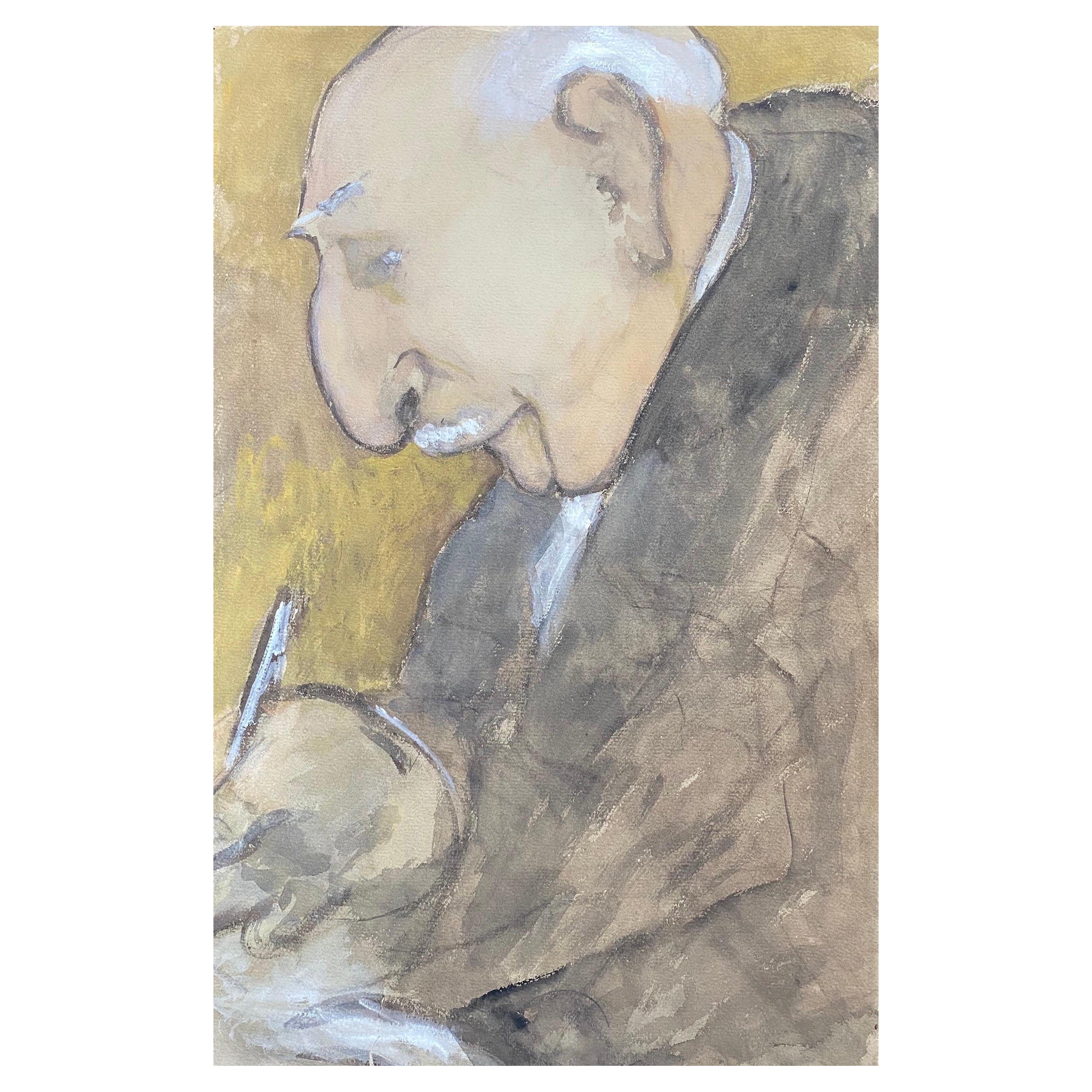 1960er Jahre Französisch Porträt Älterer Mann mit Stift - Karikatur