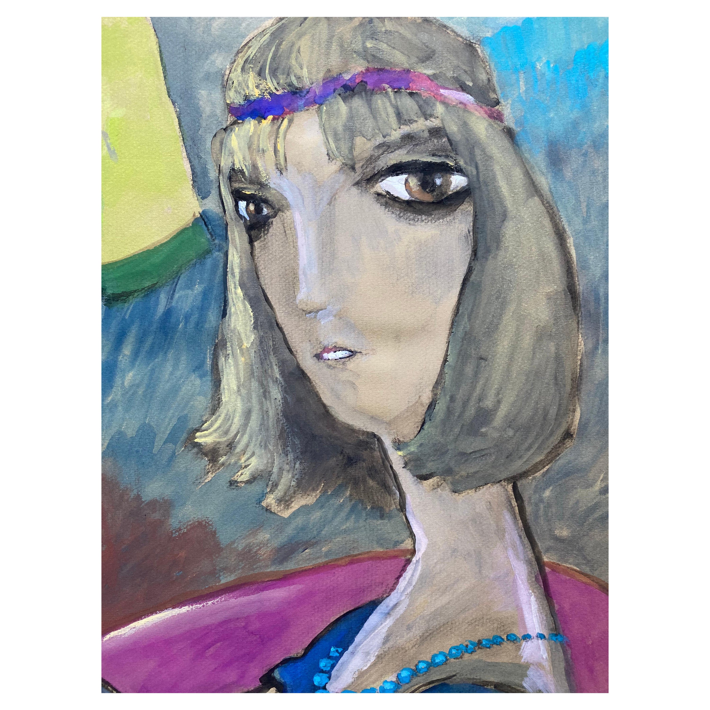 1960's French Portrait Caricature of Flapper Girl For Sale