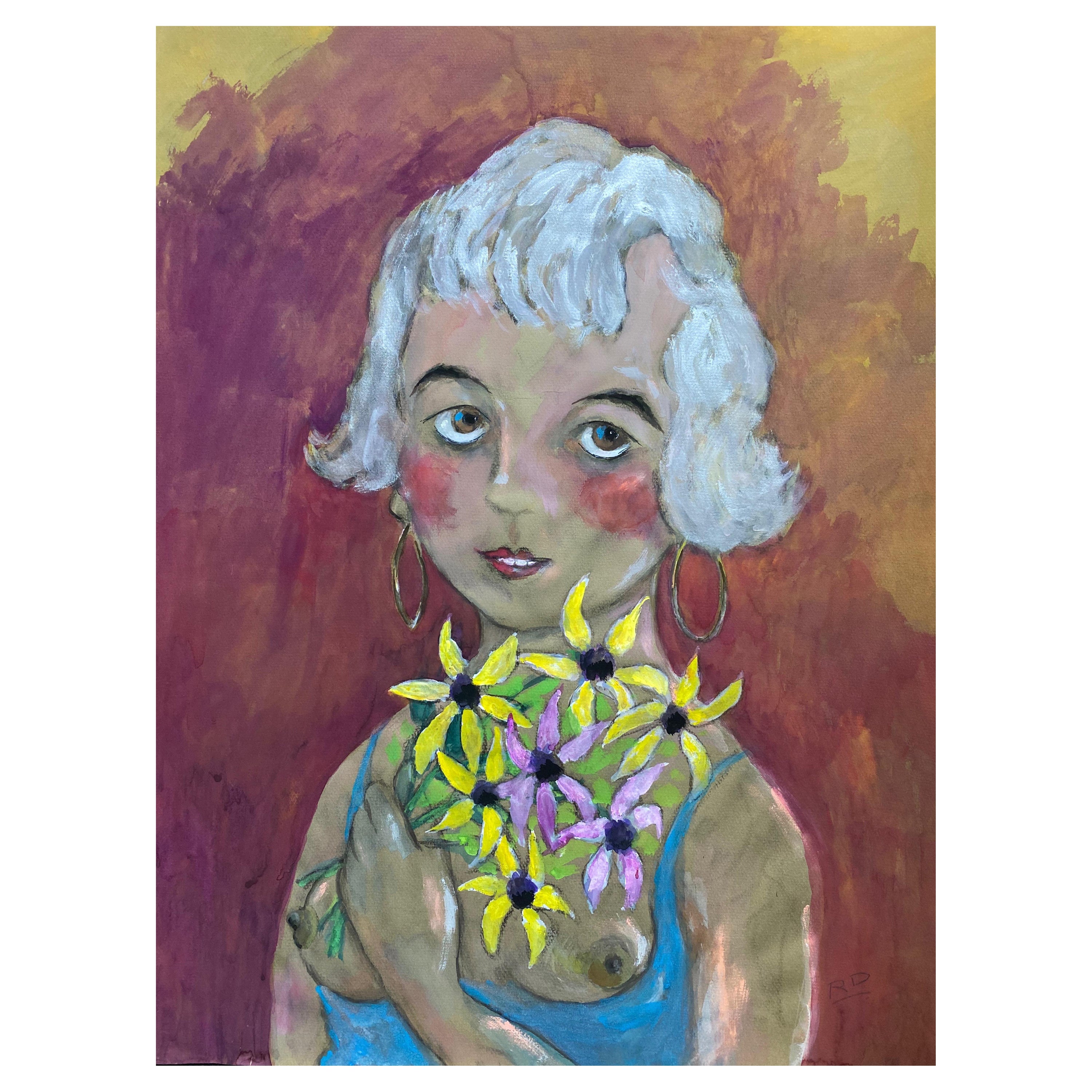 Portrait français des années 1960 Flower Girl Caricature