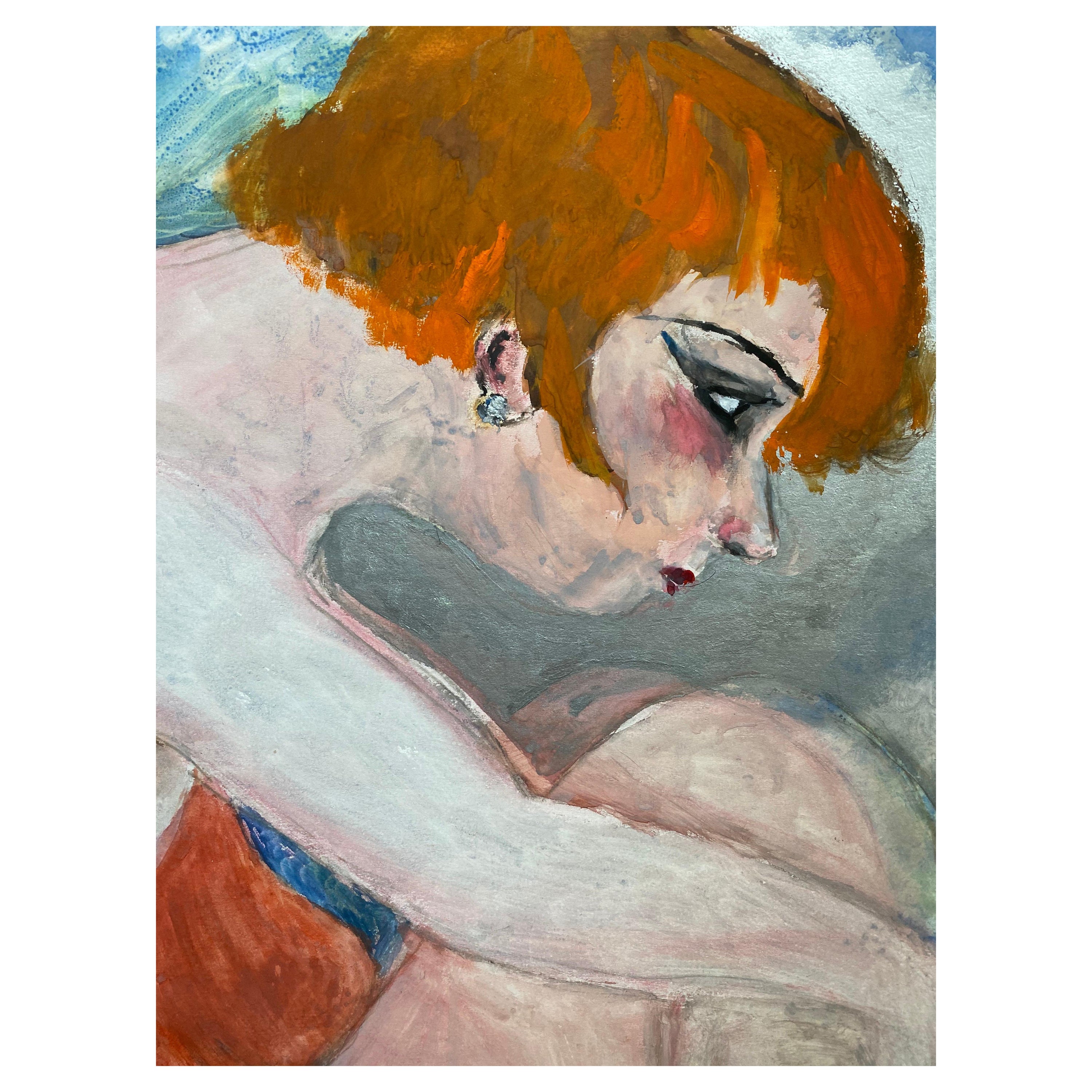 1960's French Portrait Auburn Haired Sulking Women in Swimsuit For Sale