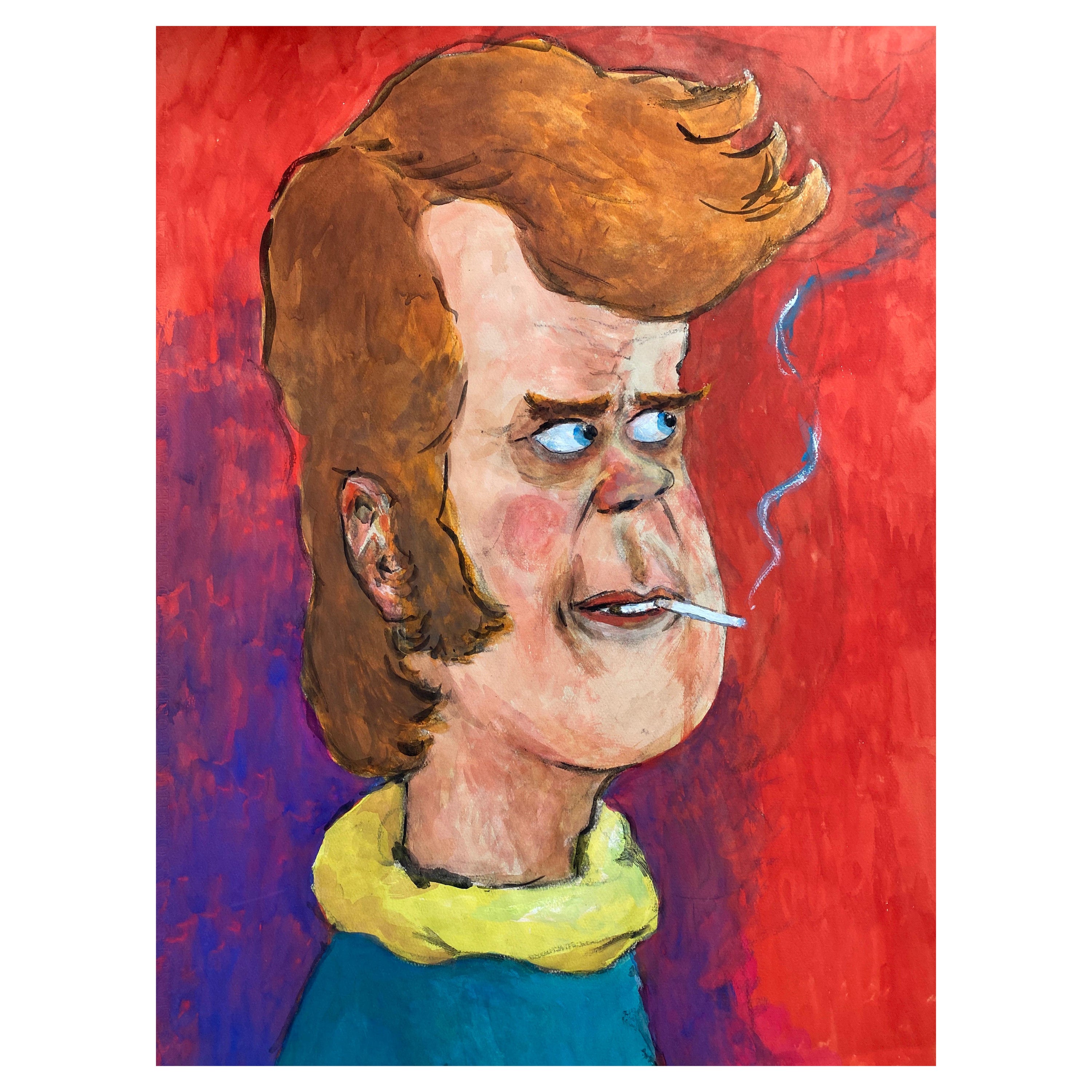 1960's French Portrait Wacky Smoker Caricature of Young Man with Cigarette For Sale