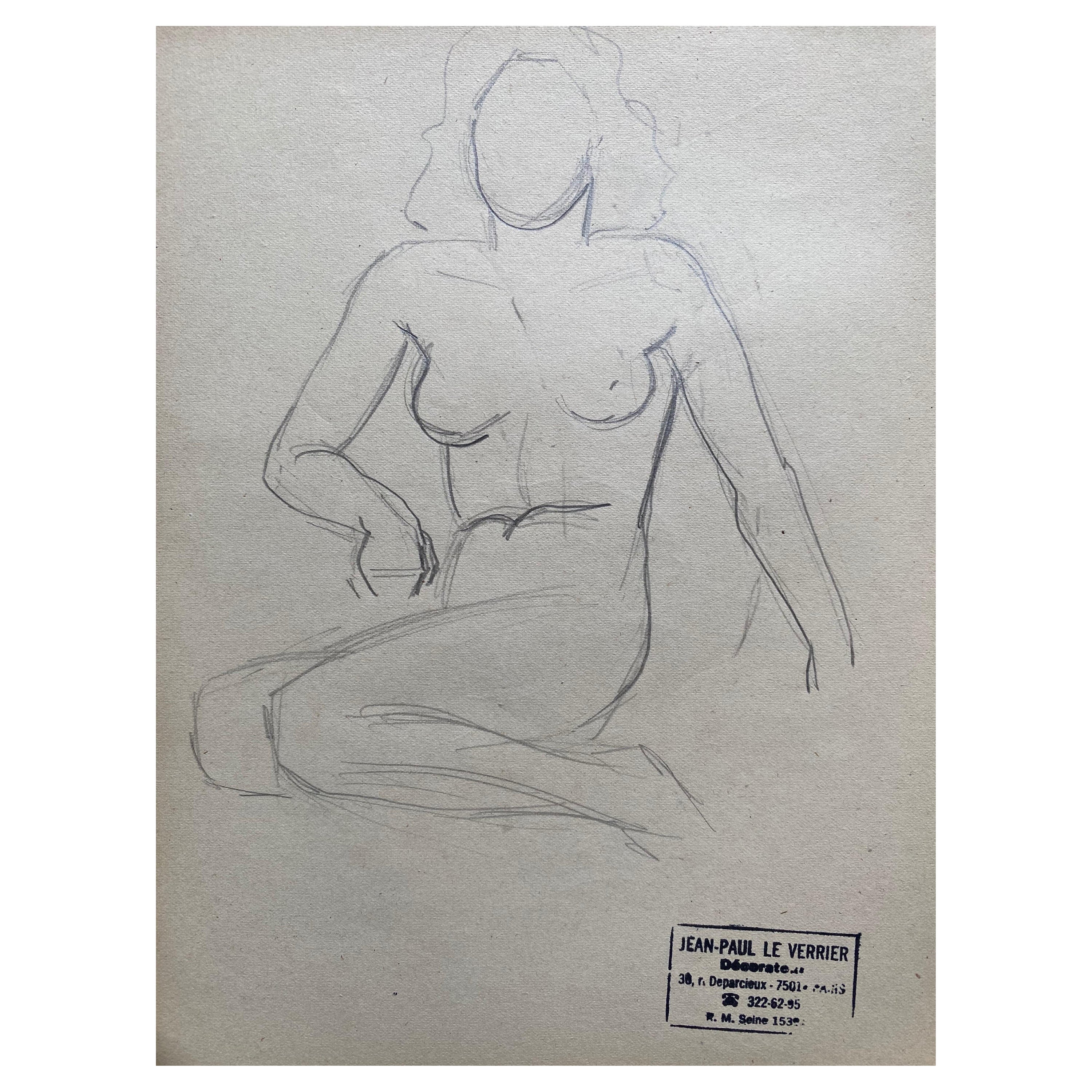 Mid 20th Century French Original Line Drawing Sketch Nude Lady, Stamped
