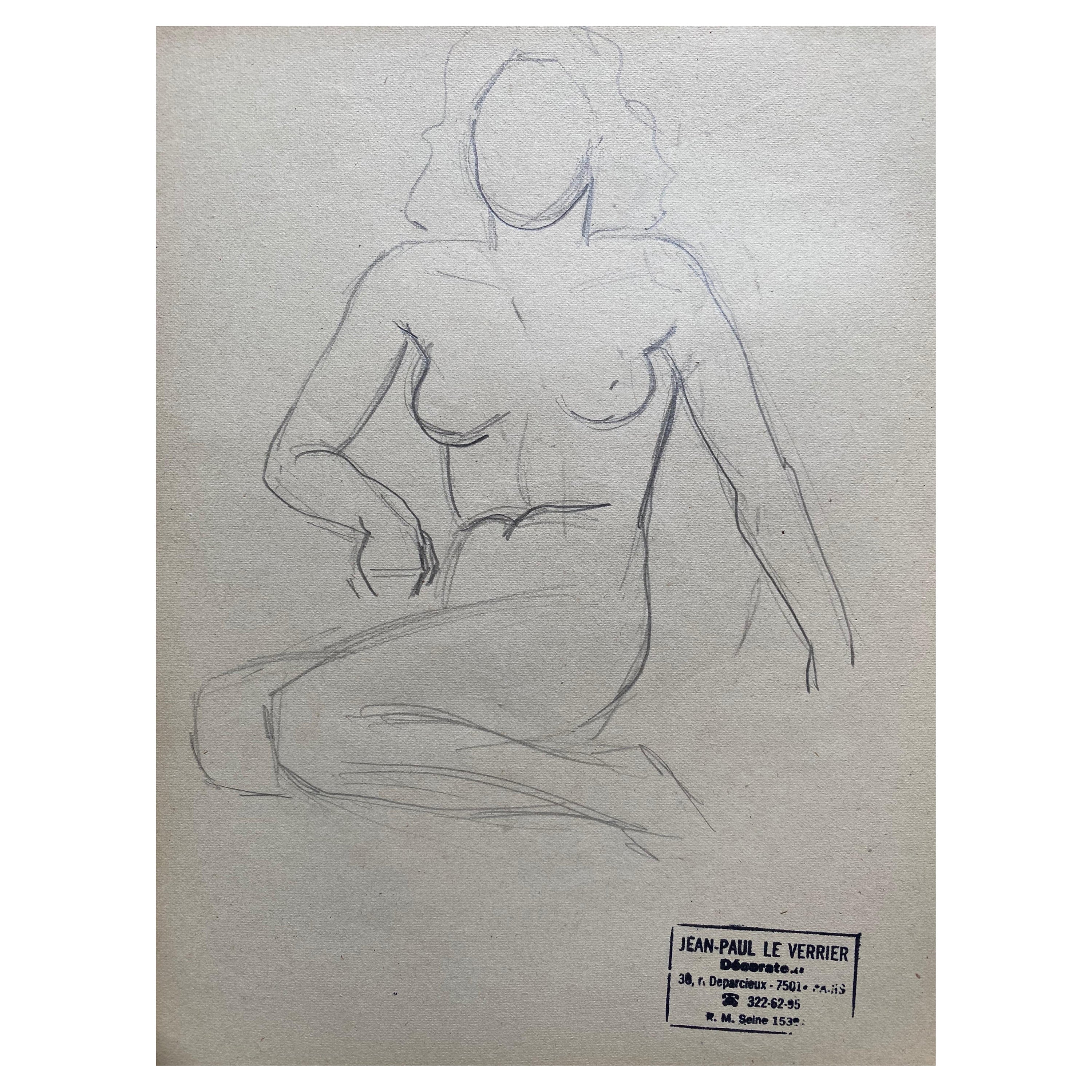 Il s'agit d'un croquis original de femme nue au dessin au trait, datant du milieu du 20e siècle, estampillé