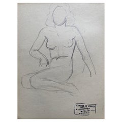 Vintage Mid 20th Century French Original Line Drawing Sketch Nude Lady, Stamped