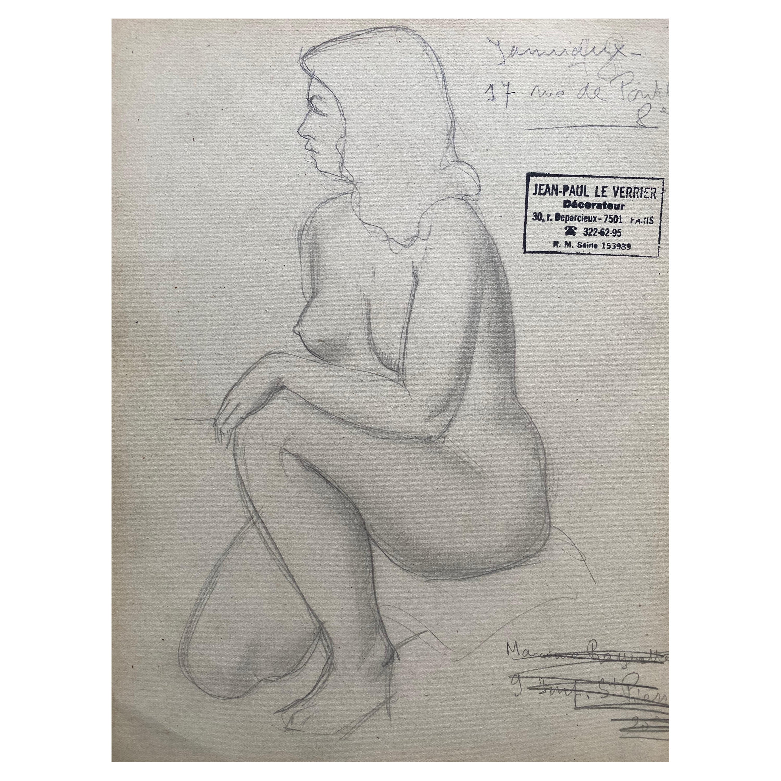 Mid 20th Century, French, Original Line Drawing Sketch Nude Lady, Stamped