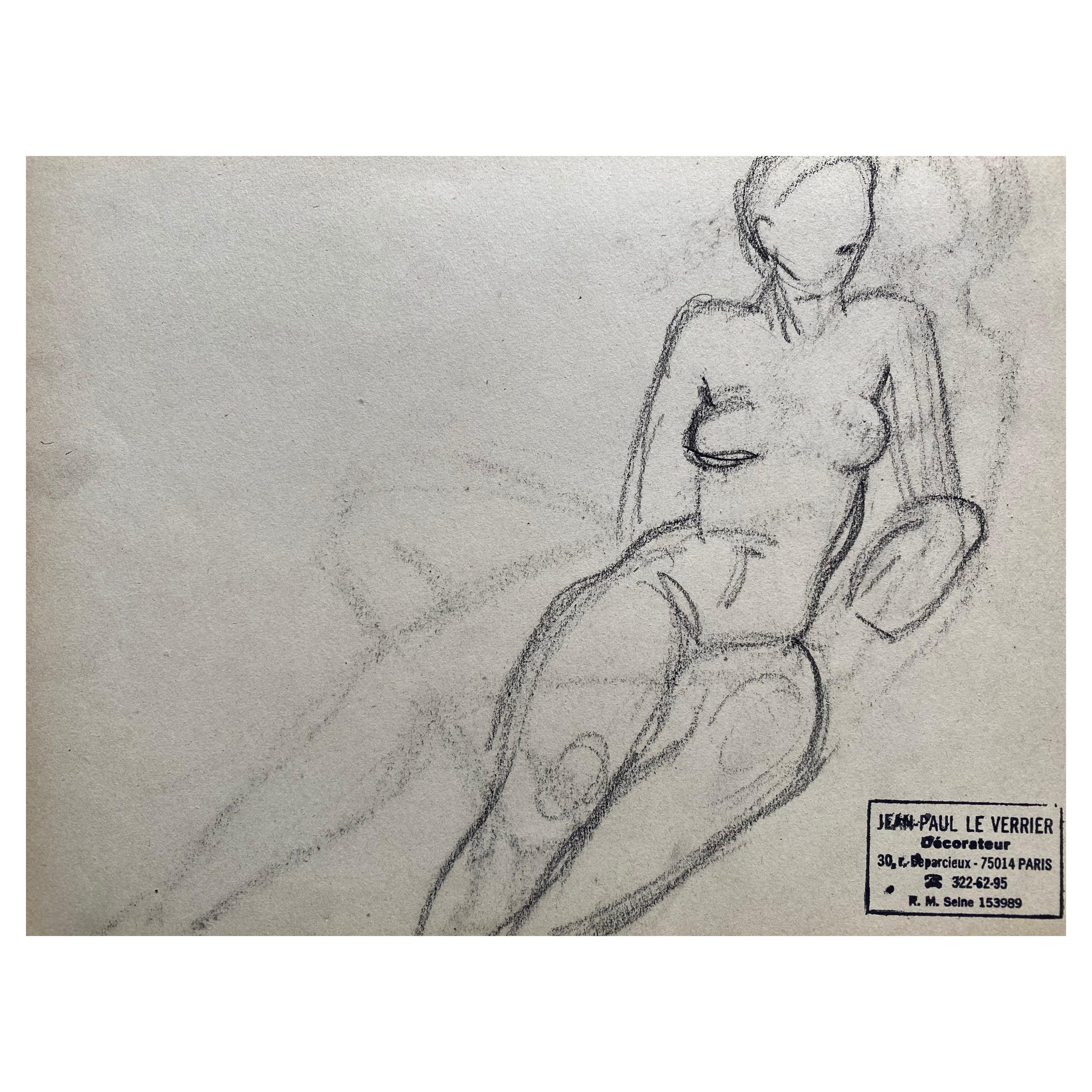 Mid 20th Century French Original Line Drawing Sketch Nude Lady - Stamped For Sale