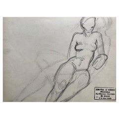 Vintage Mid 20th Century French Original Line Drawing Sketch Nude Lady - Stamped