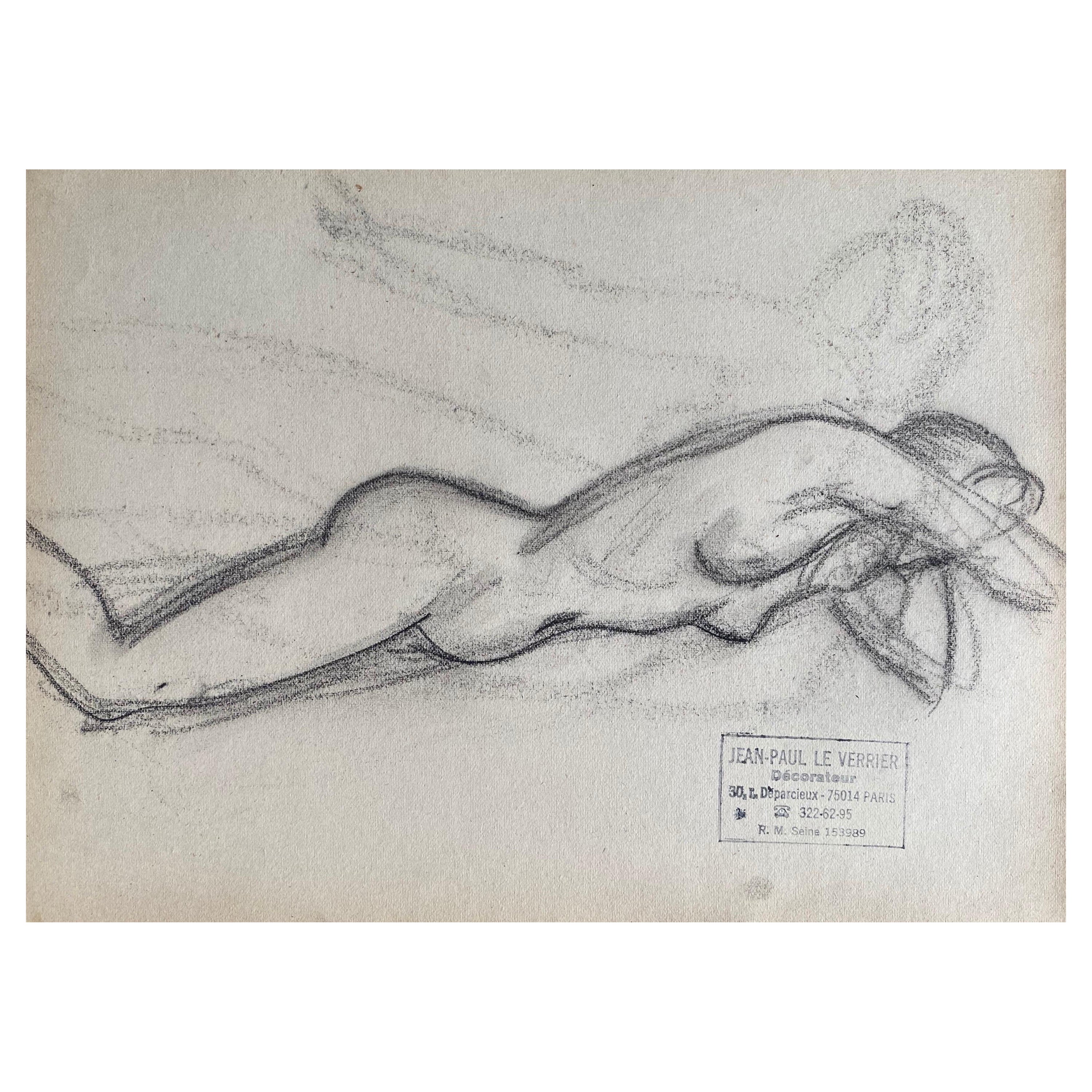 Mid 20th Century, French, Original Line Drawing Sketch Nude Lady, Stamped