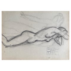 Vintage Mid 20th Century, French, Original Line Drawing Sketch Nude Lady, Stamped