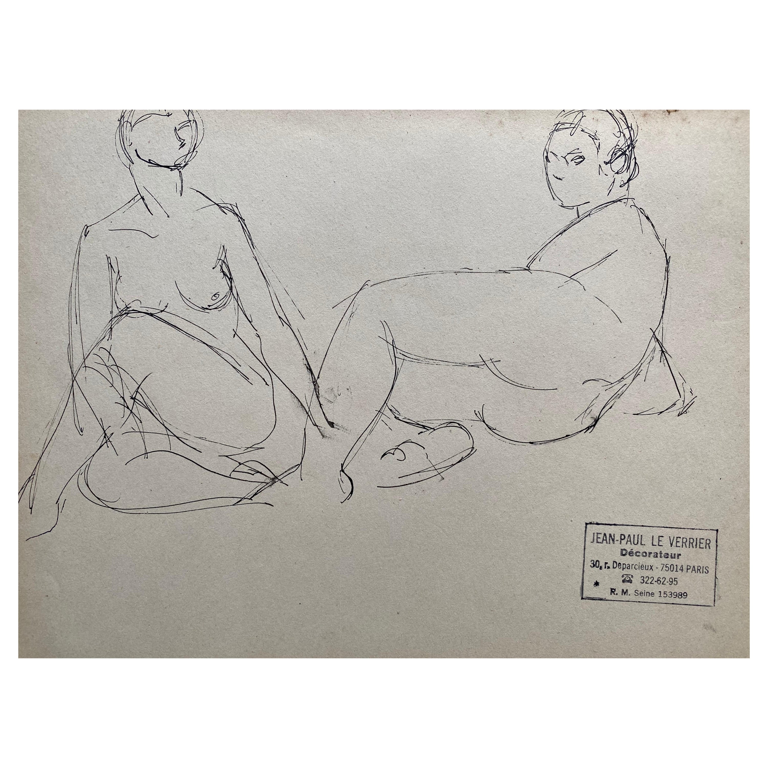 Mid 20th Century French Original Line Drawing Sketch Nude Lady - Stamped For Sale