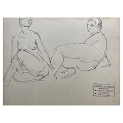 Vintage Mid 20th Century French Original Line Drawing Sketch Nude Lady - Stamped