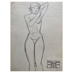 Retro Mid 20th Century French Original Line Drawing Sketch Nude Lady - Stamped