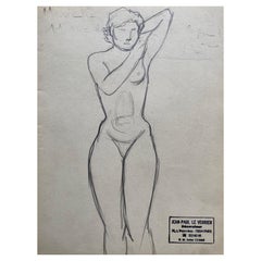 Vintage Mid 20th Century French Original Line Drawing Sketch Nude Lady - Stamped