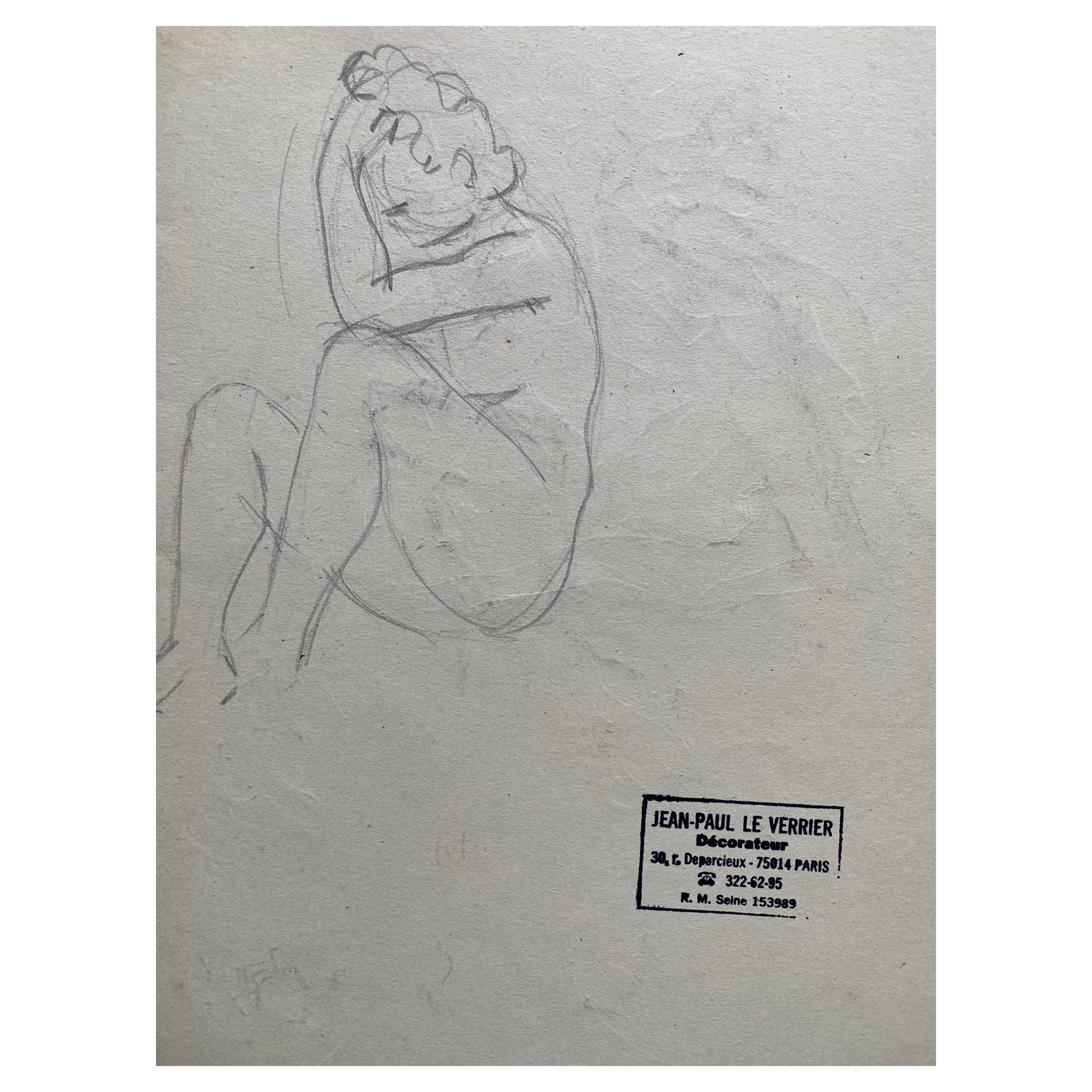 Mid 20th Century French Original Line Drawing Sketch Nude Lady - Stamped