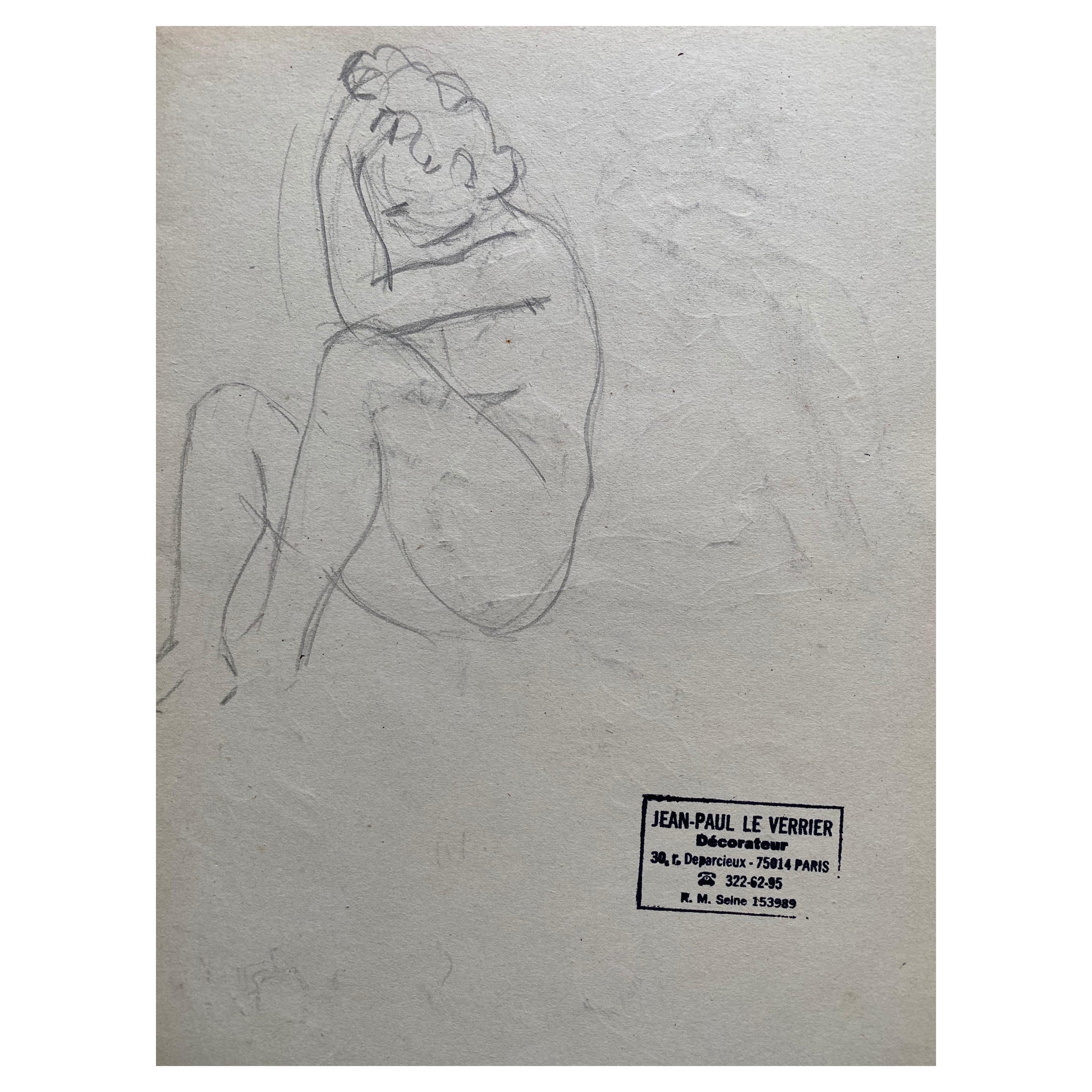 Mid 20th Century French Original Line Drawing Sketch Nude Lady - Stamped For Sale