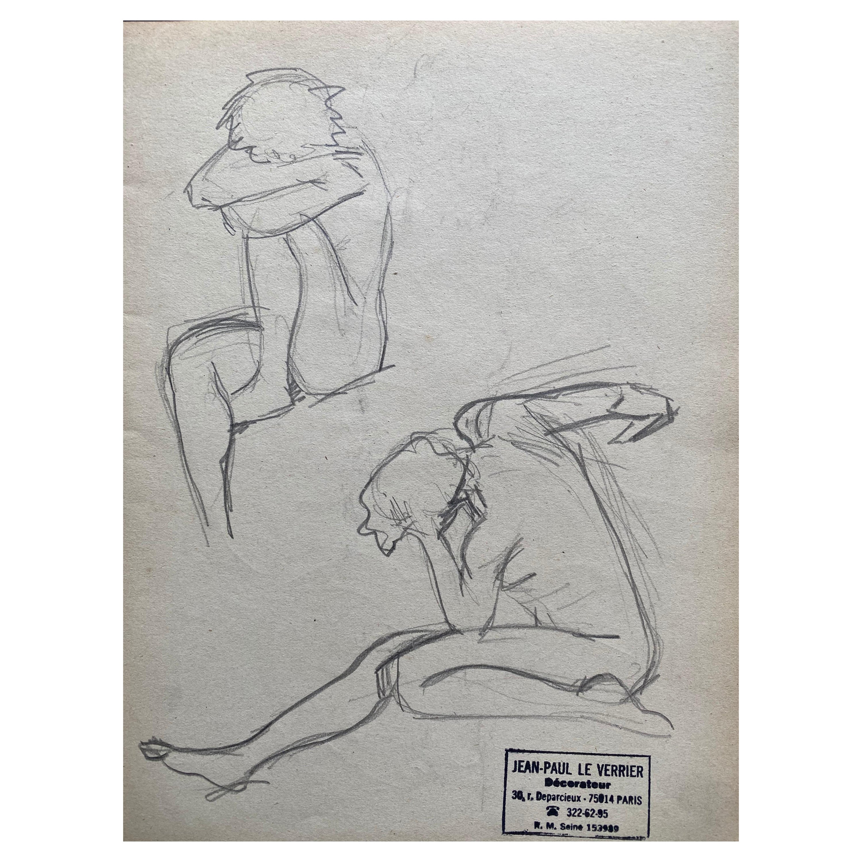 Mid 20th Century French Original Line Drawing Sketch Nude Lady - Stamped For Sale