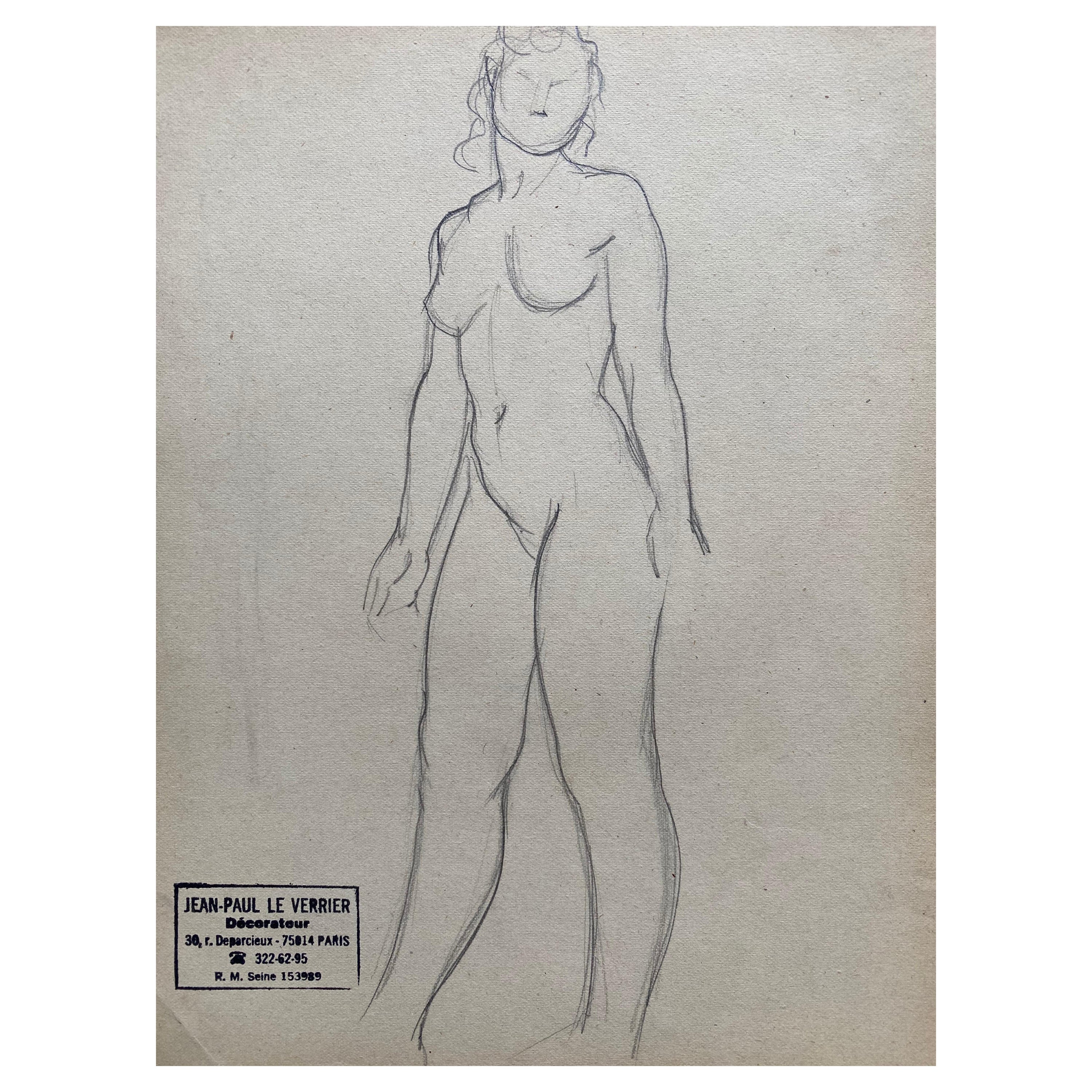 Mid 20th Century, French Original Line Drawing Sketch Nude Lady, Stamped For Sale