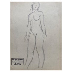 Mid 20th Century, French Original Line Drawing Sketch Nude Lady, Stamped