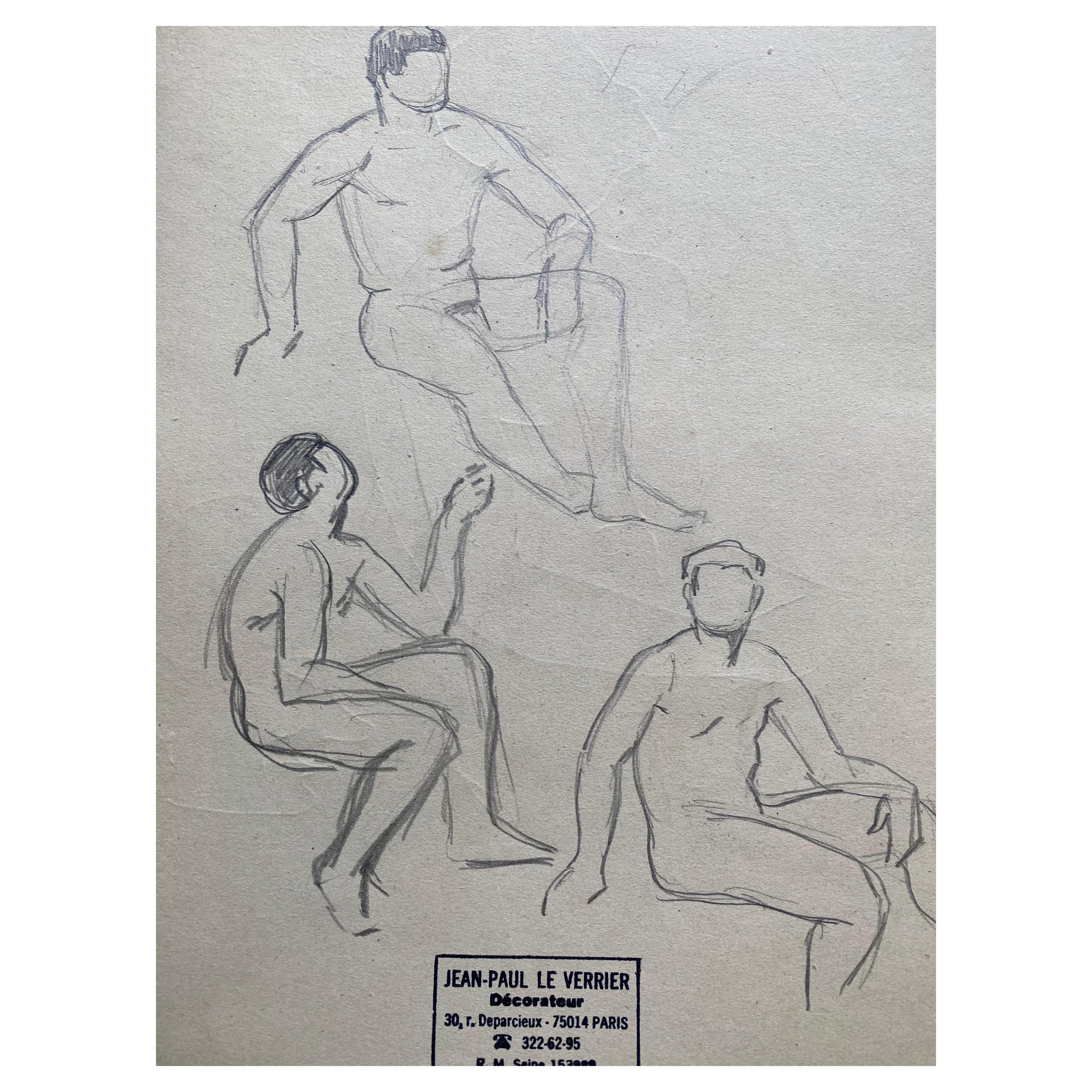 Mitte des 20. Jahrhunderts Französische Original Linienzeichnung Skizze Nackter Männer- gestempelt