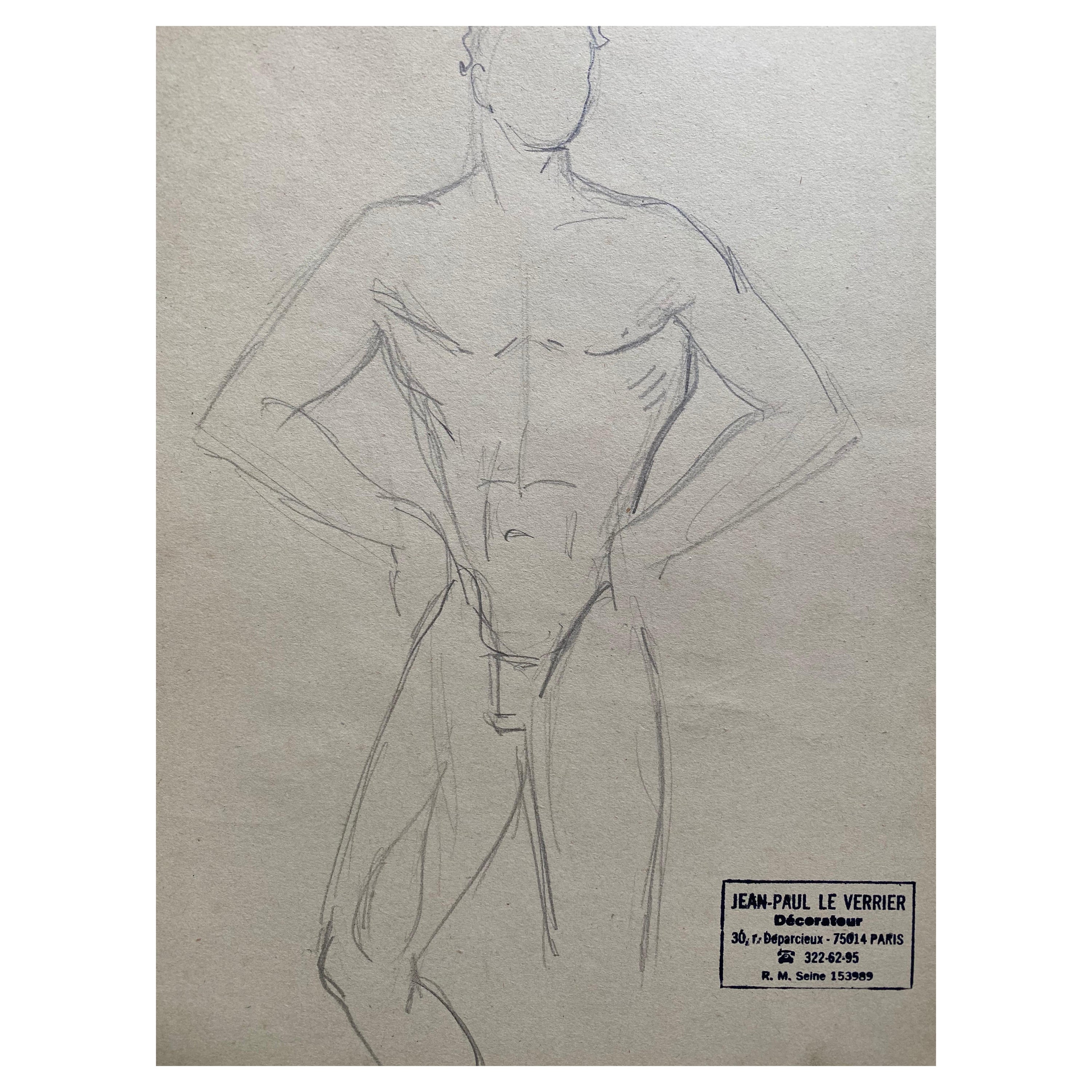 Il s'agit d'une esquisse de dessin au trait d'origine française du milieu du 20e siècle représentant un homme nu, estampillée