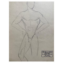 Vintage Mid 20th Century French Original Line Drawing Sketch Nude Male - Stamped