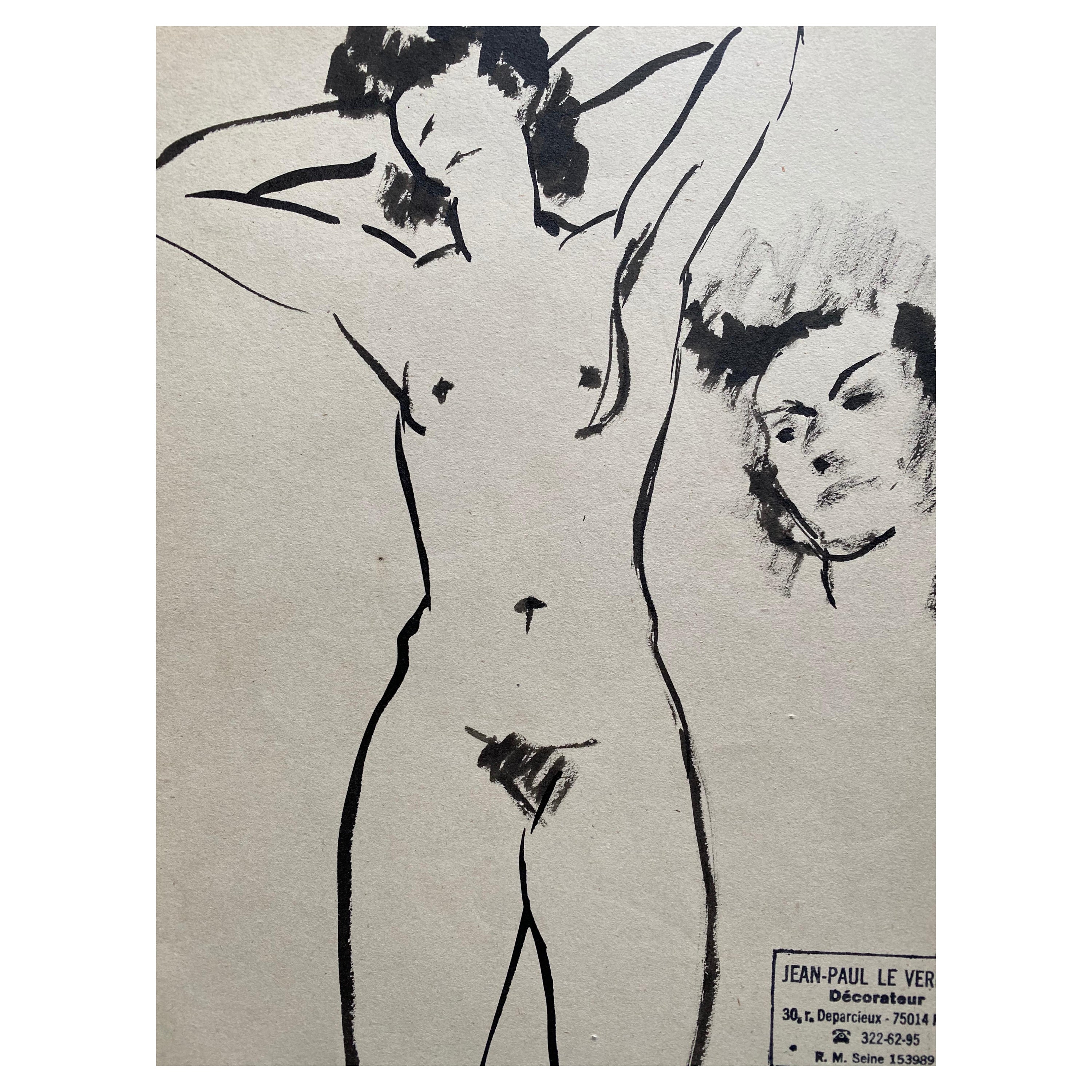 Mid 20th Century French Original Line Drawing Sketch Nude Female - Stamped