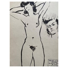 Vintage Mid 20th Century French Original Line Drawing Sketch Nude Female - Stamped